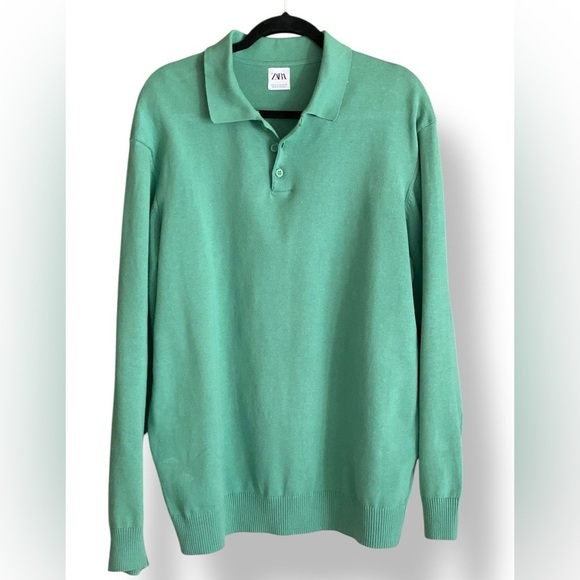 ZARA Structured Knit Long Sleeve Polo Men’s Size XL Green Business Casual NWOT - Picture 3 of 11